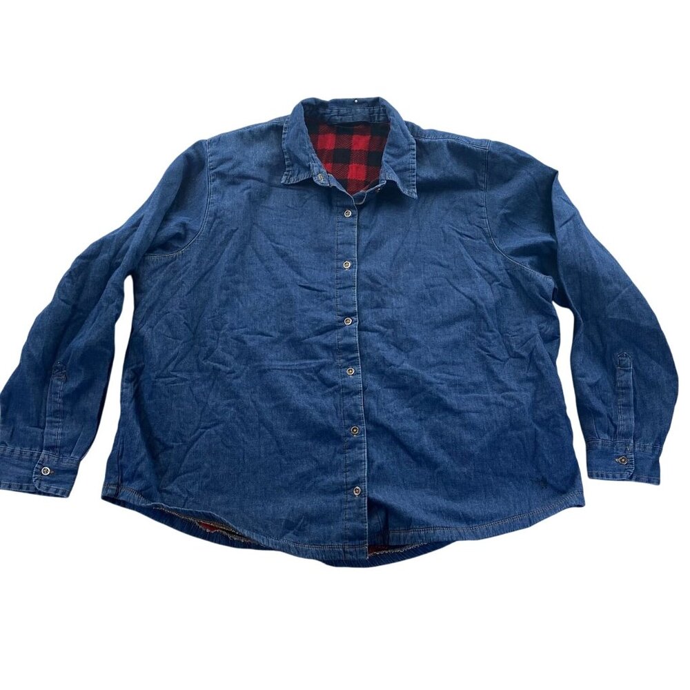 Riders By Lee Mens Denim Shirt Jacket XXL Denim Shirt Blue Red Plaid Fleece Line